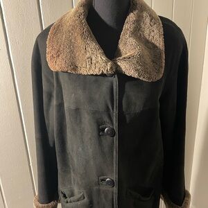 HIDE Society Women's Black Suede Shearling Coat with Brown Trim 8